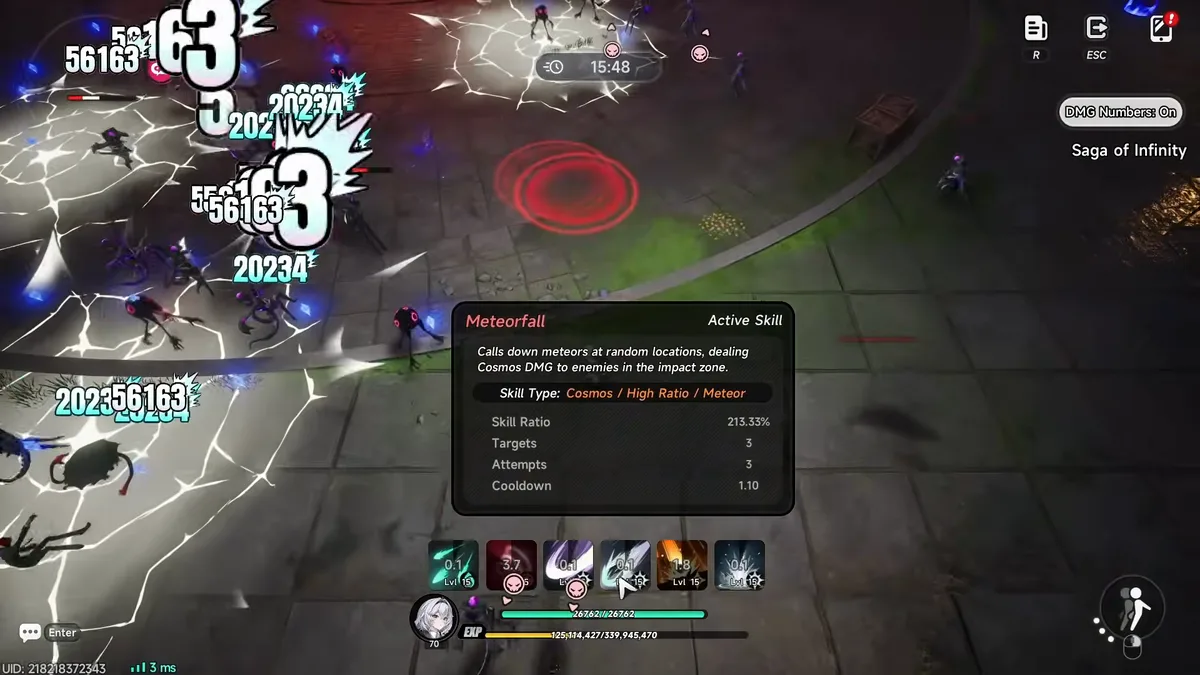 Meteorfall's tooltip mid-run: Cosmos / High Ratio / Meteor, 213.33% Skill Ratio, 1.10s cooldown.