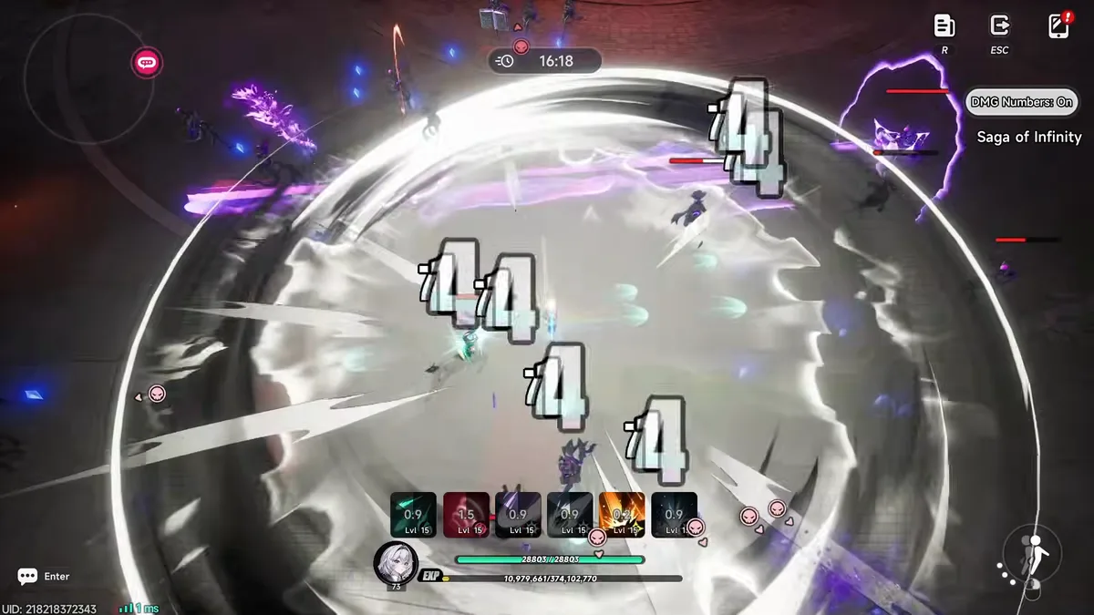 Saga of Infinity in progress: an AoE cast tears through a cluster of enemies.