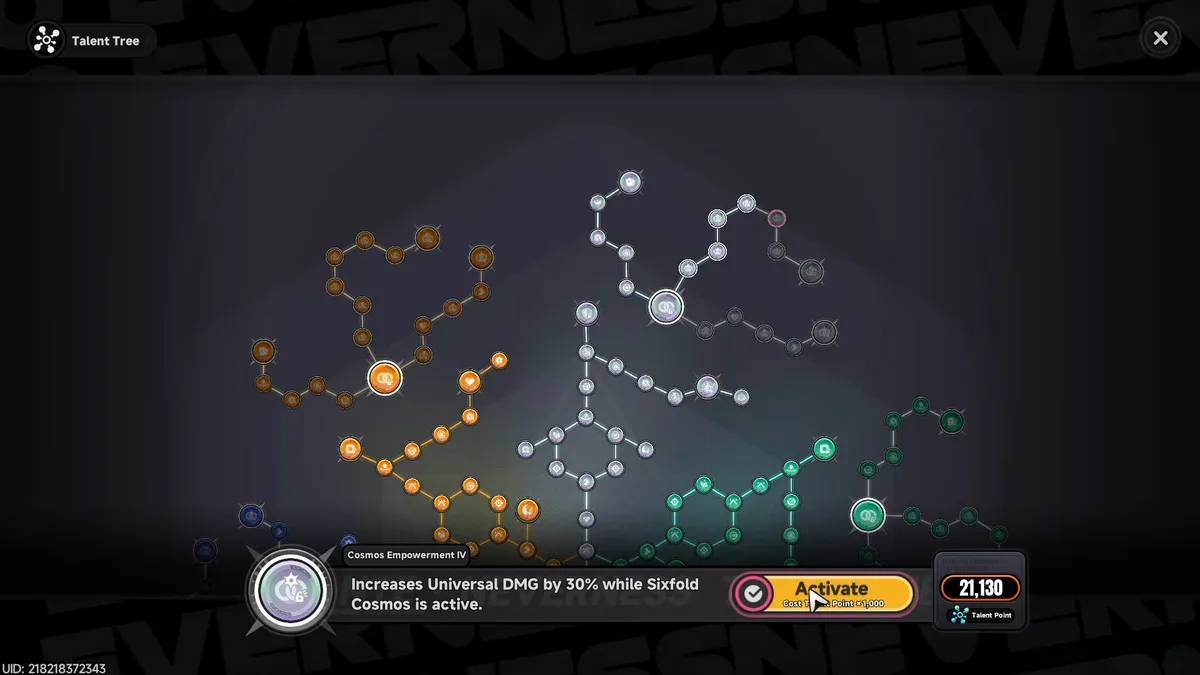 Cosmos Empowerment IV: +30% Universal DMG while Sixfold Cosmos is active, for 1,000 Talent Points.