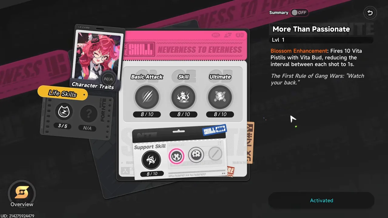 Nanally's More Than Passionate support skill screen