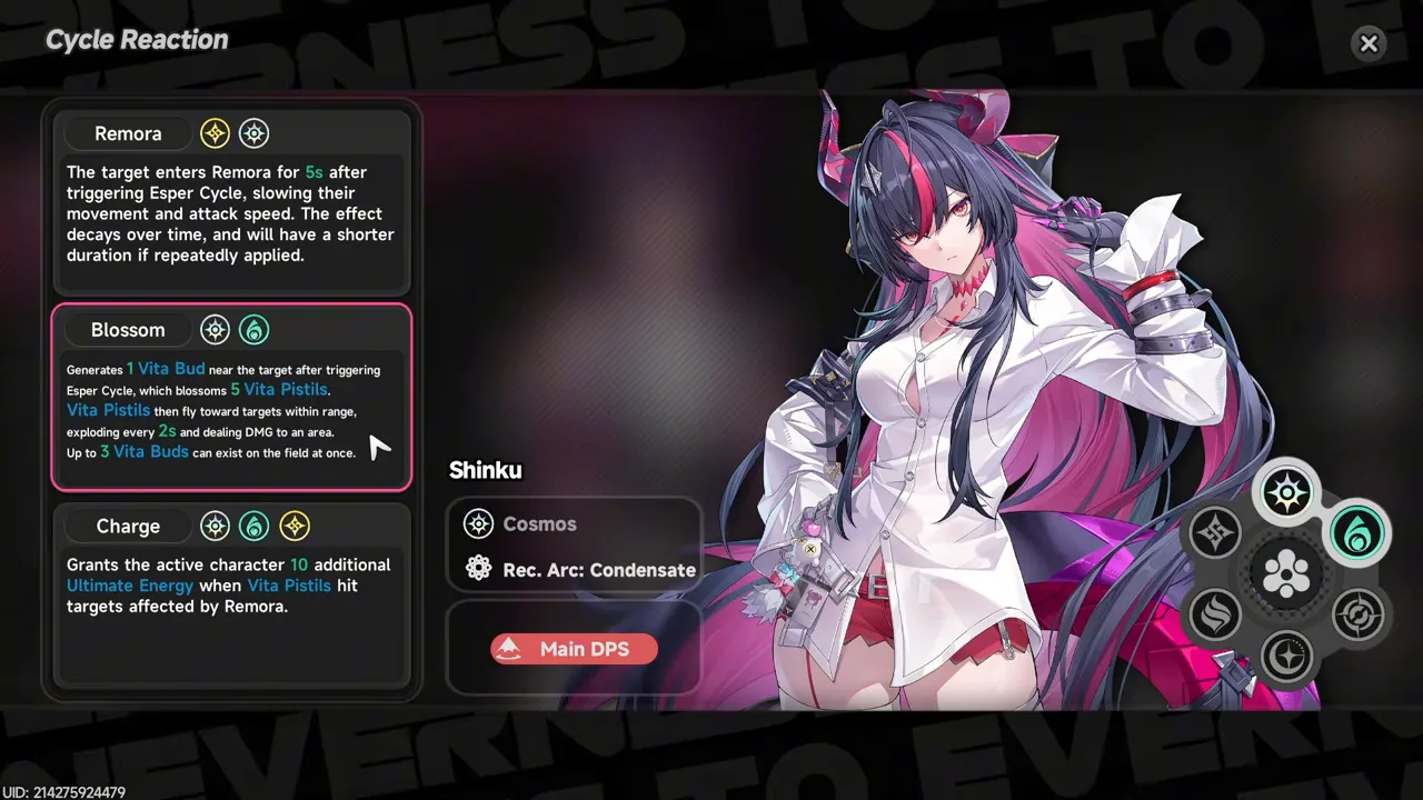 The Remora, Blossom, and Charge reactions in Shinku's cycle menu