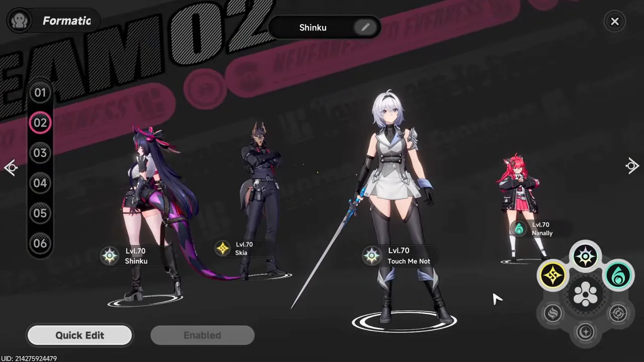 The recommended A0 Shinku team in the in-game Formation menu