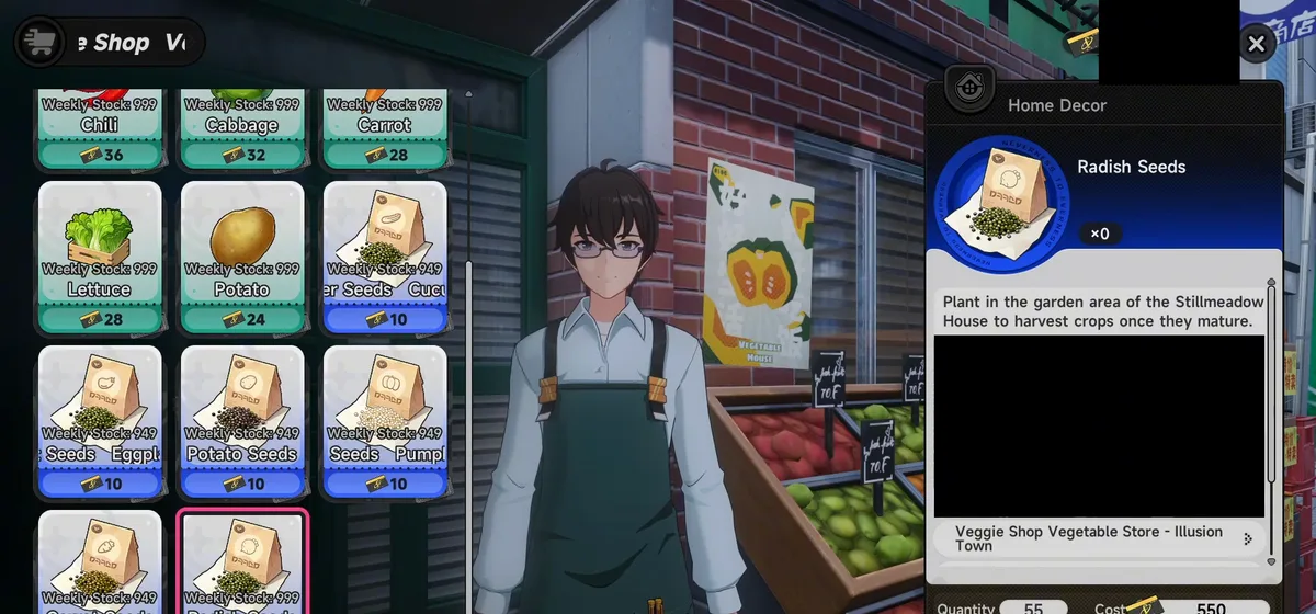 Seed packets sit at 10 Fons each in the Veggie Shop Vegetable Store, filed under Home Decor in your inventory.