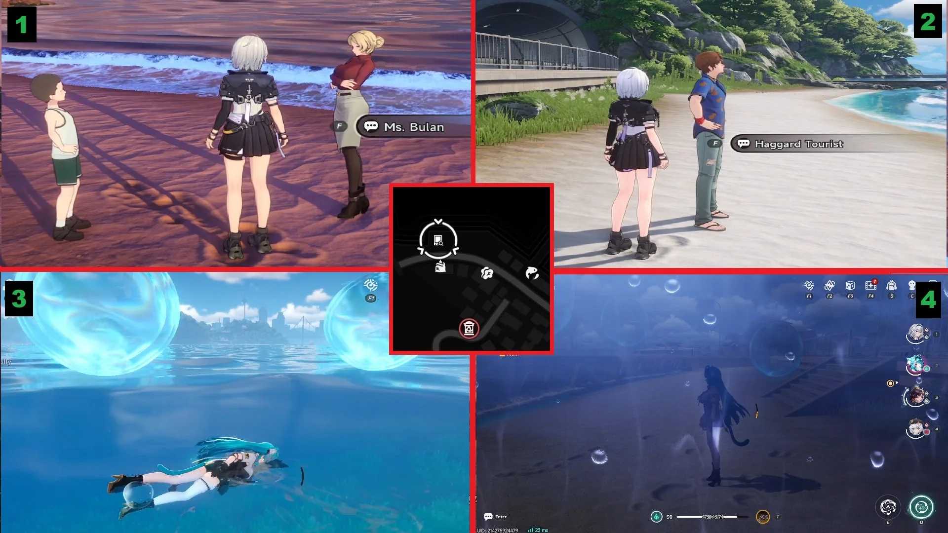 Seashore location for Tale 2. Talk to the mother, wait for the Haggard Tourist, then deplete your stamina swimming near the bubbles.
