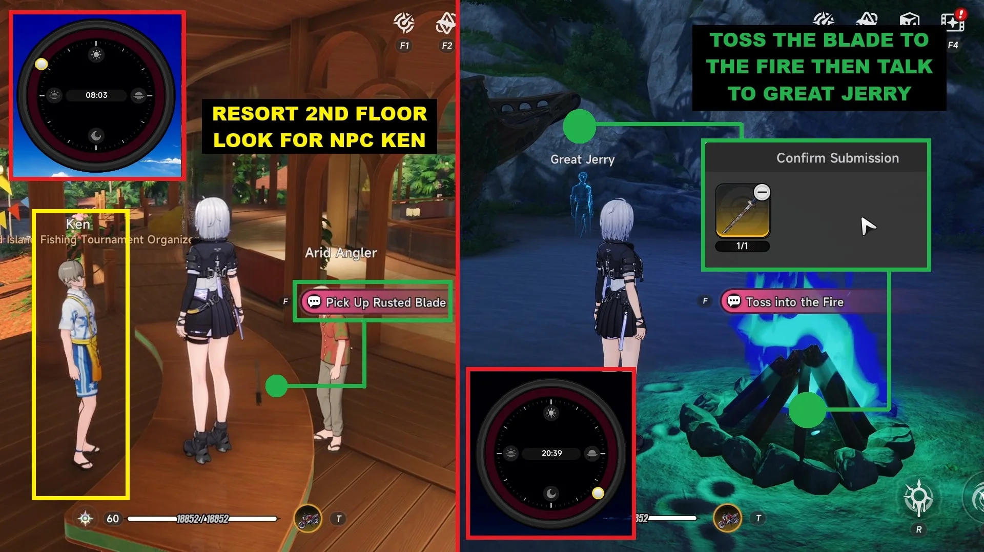 Return to the wrecked ship and toss the Rusted Blade into the fire to summon the Ghost.