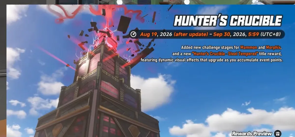 The new Hunter's Crucible season adds challenge stages for Mammon and Morphix, plus a title reward whose visual effects upgrade as you bank event points.