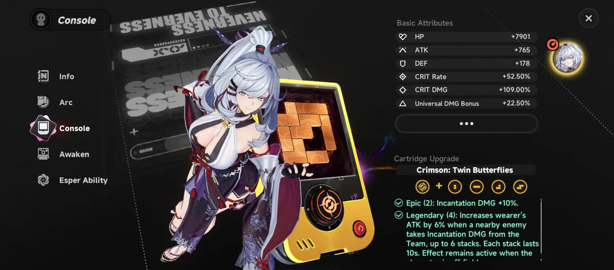 A Crimson: Twin Butterflies console and the stats it delivers, built around Type III modules