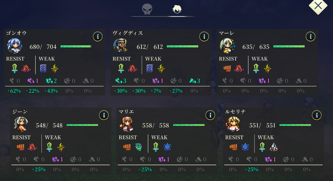 The battle info panel: resistances and weaknesses on top, active stat stages below, and the resulting percentages at the bottom.