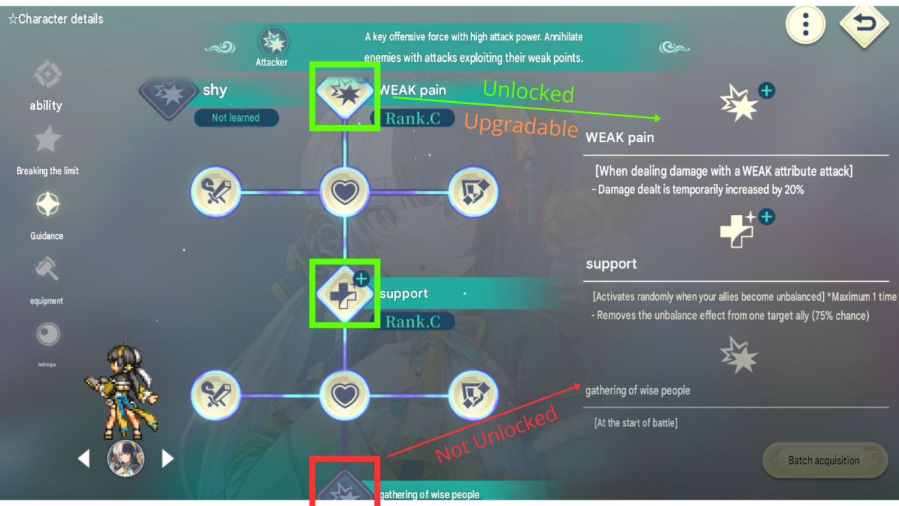 The Talent Tree: locked nodes, Ascension-gated tiers, and passives that upgrade from rank C up to rank S.