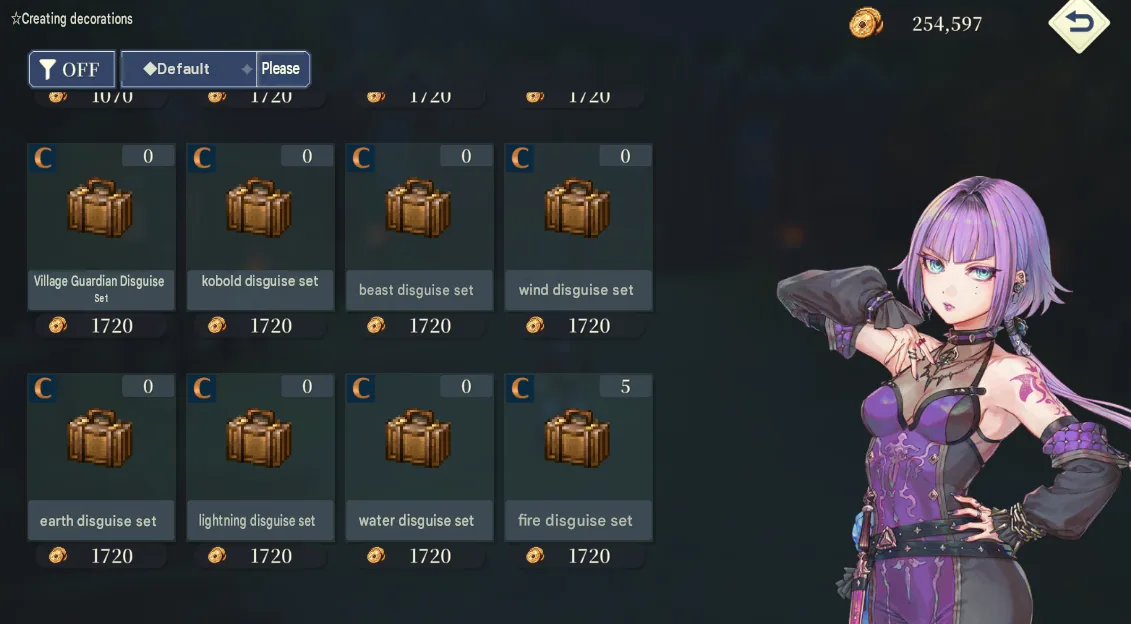 A shelf of disguise sets, one per element and a few by tag.